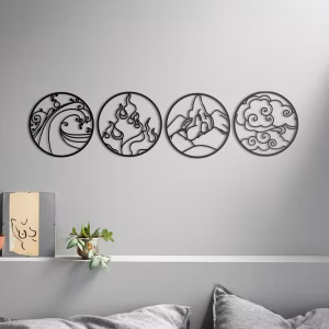 4 art mural de feu, terre, air et eau en bois