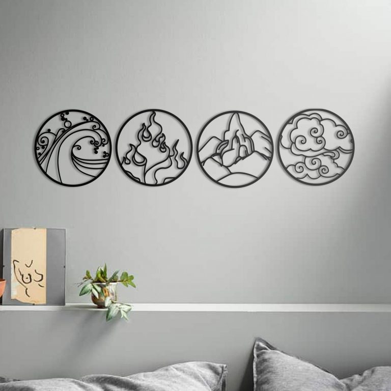 4 art mural de feu, terre, air et eau en bois