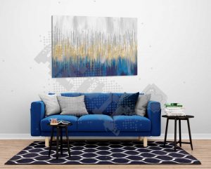 un tableau abstrait en bleu et doré et argenté