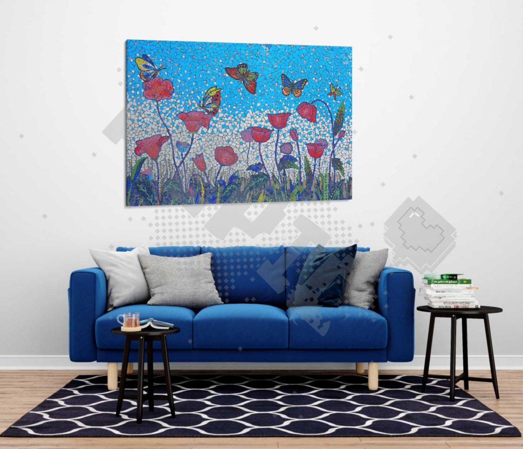 tableau de jardin avec des fleurs et papillons en bleu