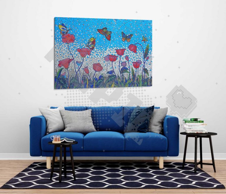 tableau de jardin avec des fleurs et papillons en bleu