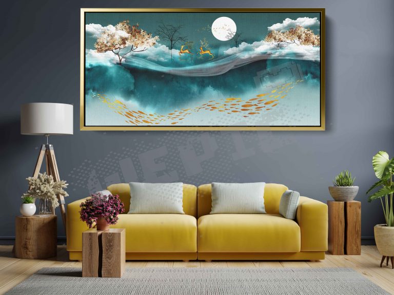 tableau bleu des gazelles en lune, ciel et la mer