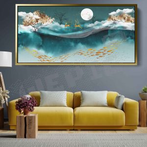 tableau bleu des gazelles en lune, ciel et la mer