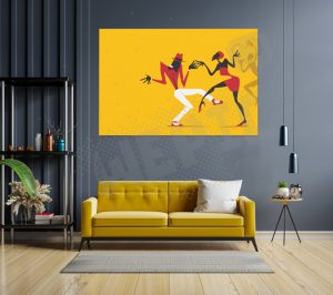 tableau de dance africaine jaune et peu de rouge noir et blanc
