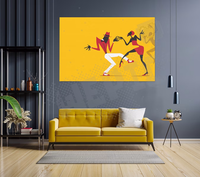 tableau de dance africaine jaune et peu de rouge noir et blanc
