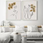 2 Tableaux Women & Gold Flowers -Linear design-