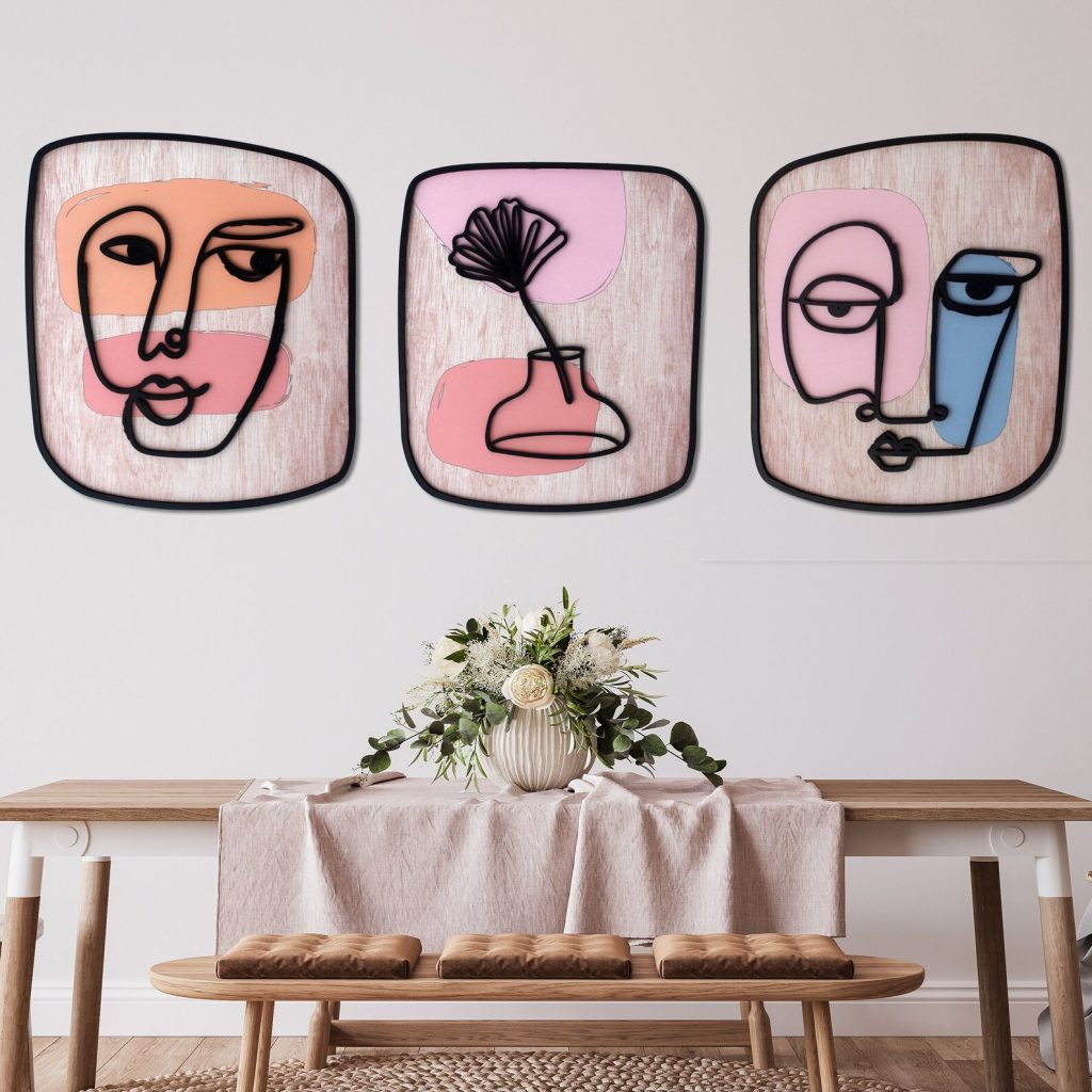 3 tableaux Mask and Flower -Line Art-