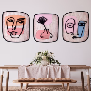 3 tableaux Mask and Flower -Line Art-