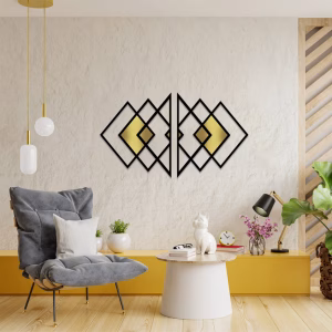 Tableaux géométriques en bois et plexiglass doré