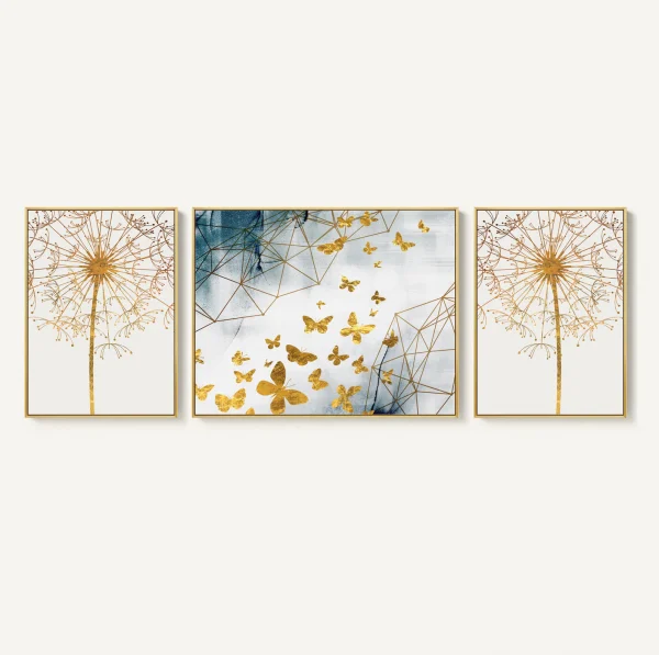 3 tableaux de papillons et pissenlits bleu et doré