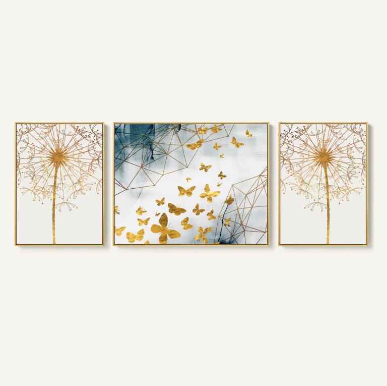 3 tableaux de papillons et pissenlits bleu et doré