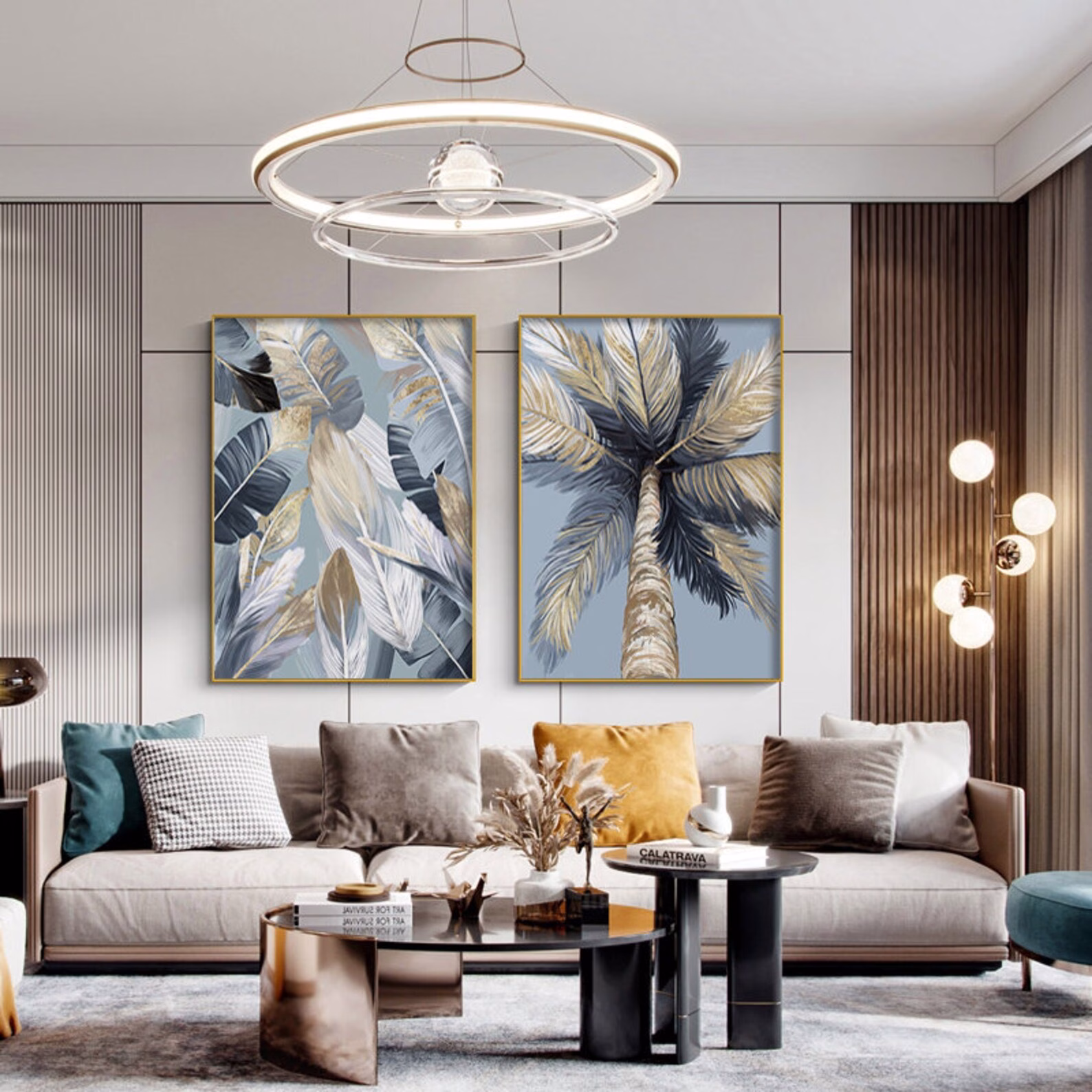 3 Tableaux décoratifs feuilles dorées palmier – Style tropical chic – Image 3