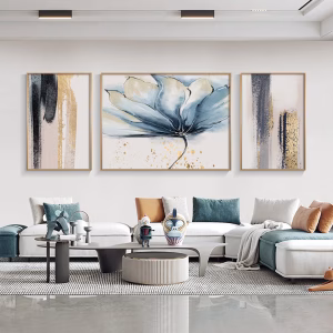 3 tableaux floraux en bleu et doré