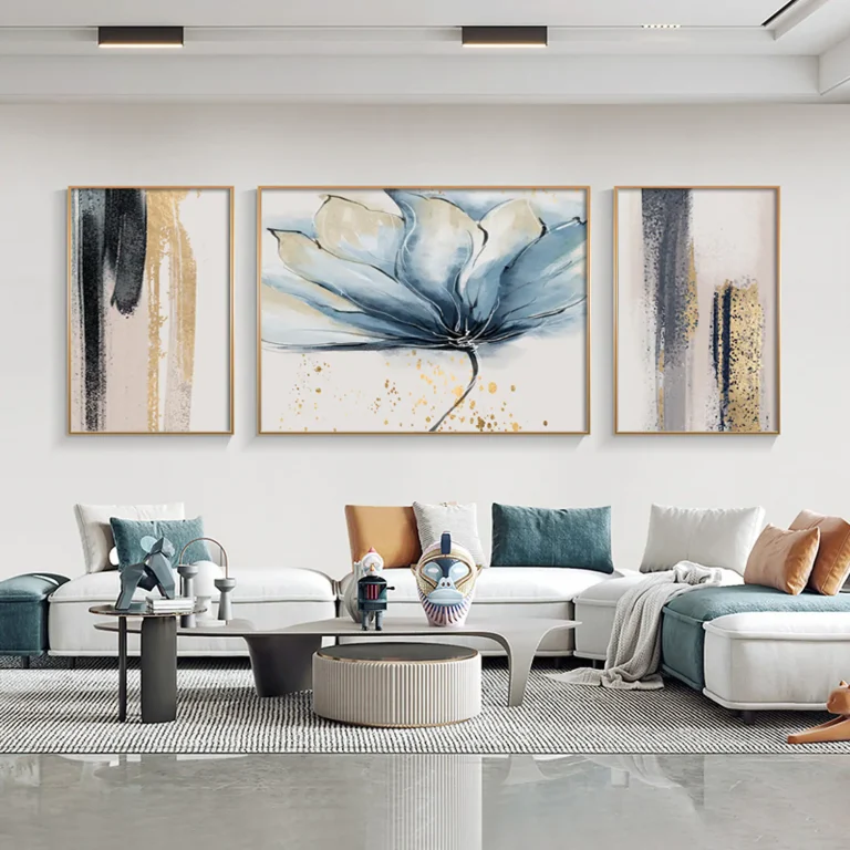 3 tableaux floraux en bleu et doré