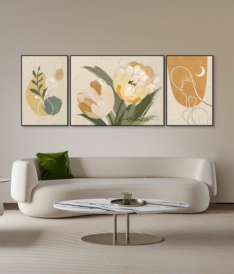 3 tableaux boho minimaliste et simple beige de fleurs