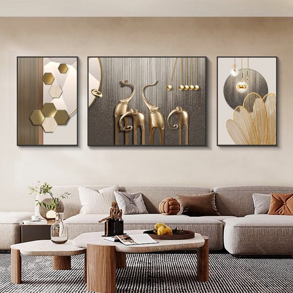 3 tableaux abstraits d'éléphant en marron et doré