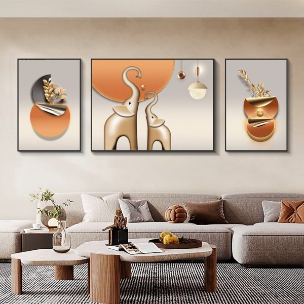 3 tableaux modernes d'éléphant abstrait en orange et gris