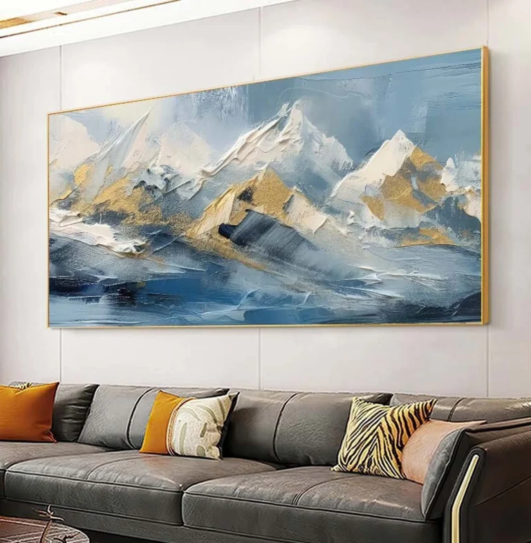 tableau de montagnes luxe en bleu blanc et doré