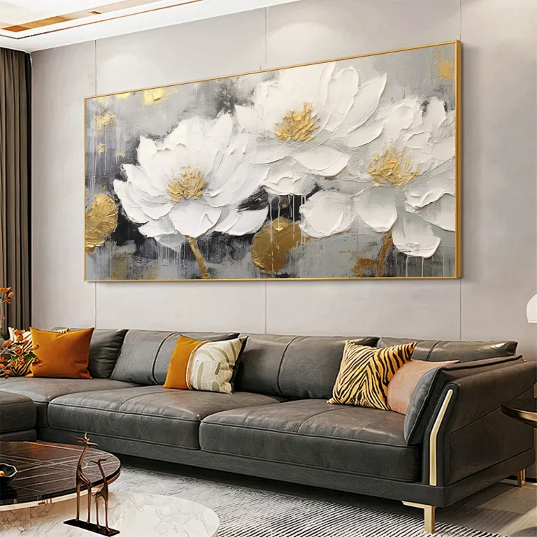 tableau fleurs blanches avec du gris et doré