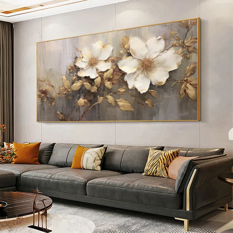 tableau abstrait de fleurs blanches lily avec du gris et doré