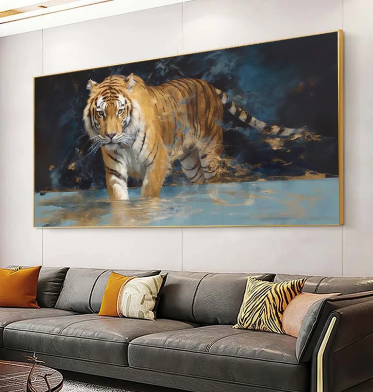 un tableau de tigre avc nuances de bleu dans l'arrière-plan