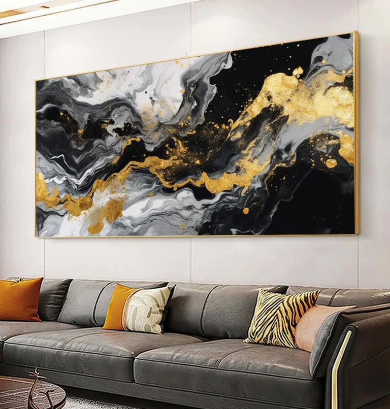 un tableau luxe abstrait en noir et doré et blanc