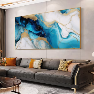 tableau abstrait en décor de marbre en bleu doré et blanc