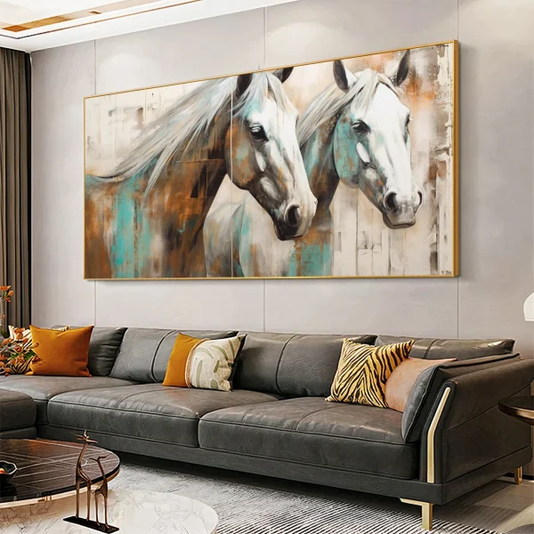 un beau tableau de 2 chevaux en beige et marron