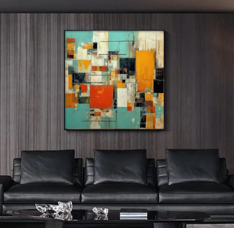 un tableau abstrait en vert, orange, rouge, et noir à vendre