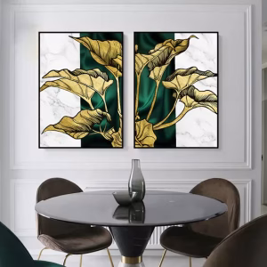Tableaux vert  avec feuilles dorées, art abstrait en marbre
