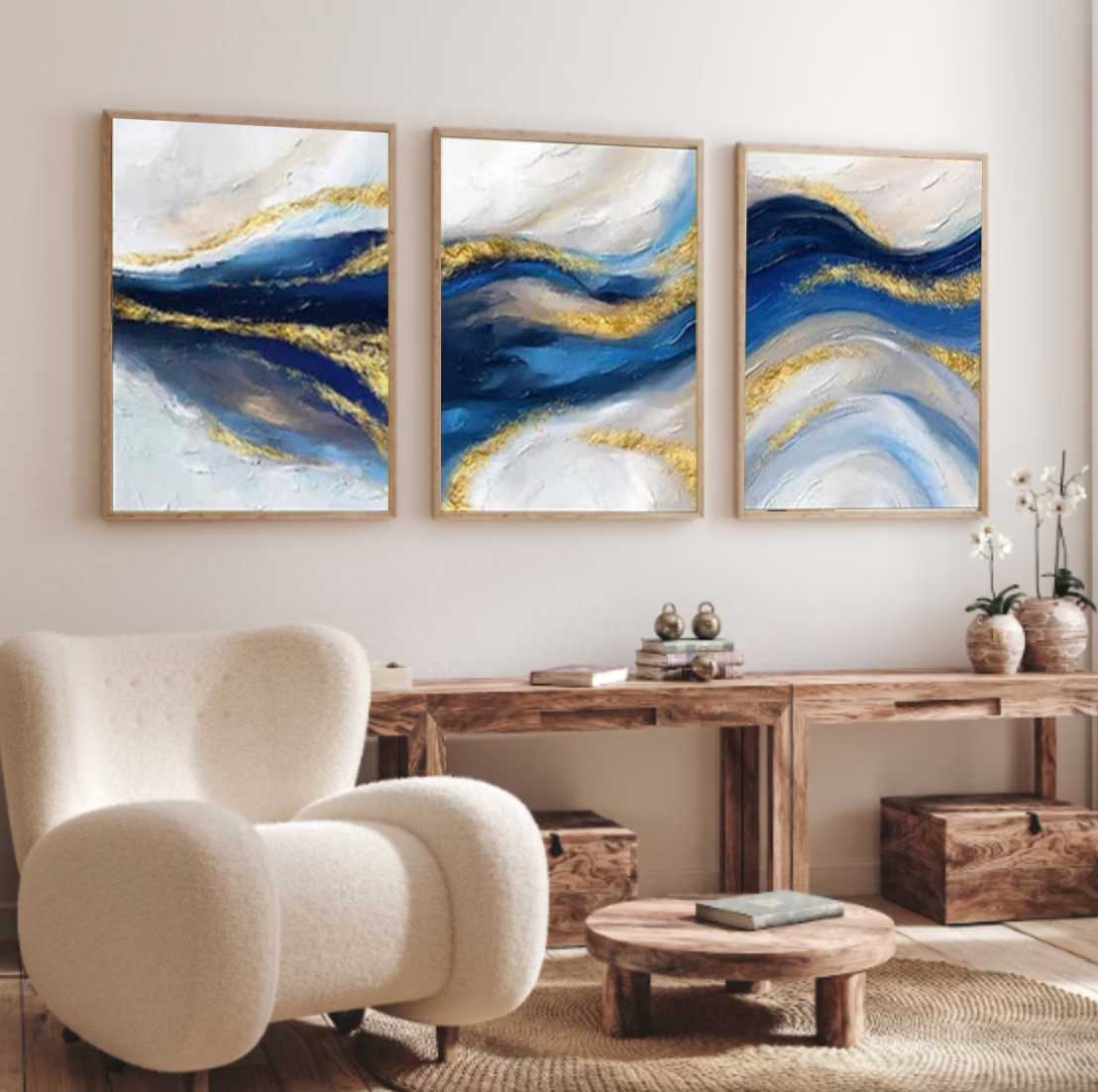 Ensemble de 3 Tableaux pour Salon, Bleu et Doré - Wepic