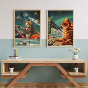 Tableaux Colorés : Chats Spatiaux et Voiture Cosmique