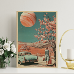 Tableau Chic avec Femme, Voiture Classique et Planète Rose