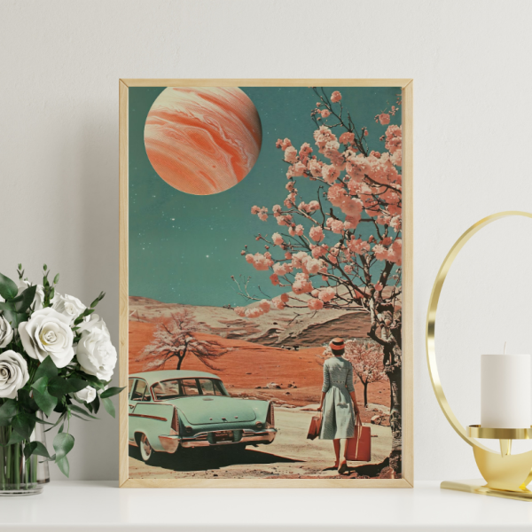 Tableau Chic avec Femme, Voiture Classique et Planète Rose