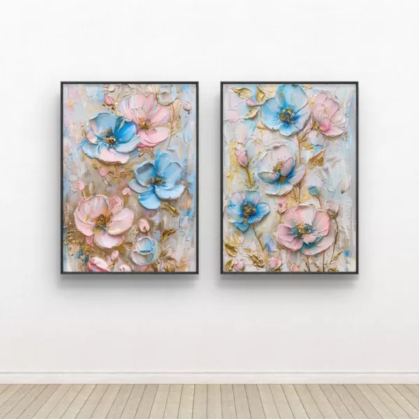 Fleurs Dorées - Diptyque Art Floral, Lot de 2 Impressions Abstraites