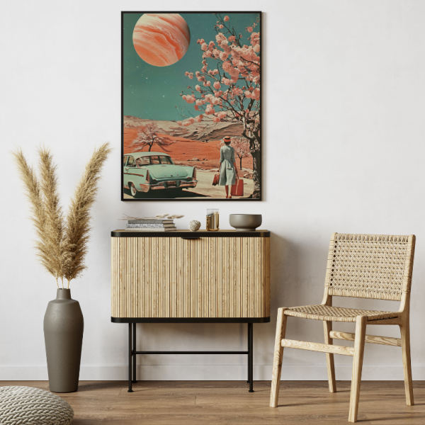 Tableau Chic avec Femme, Voiture Classique et Planète Rose – Image 2