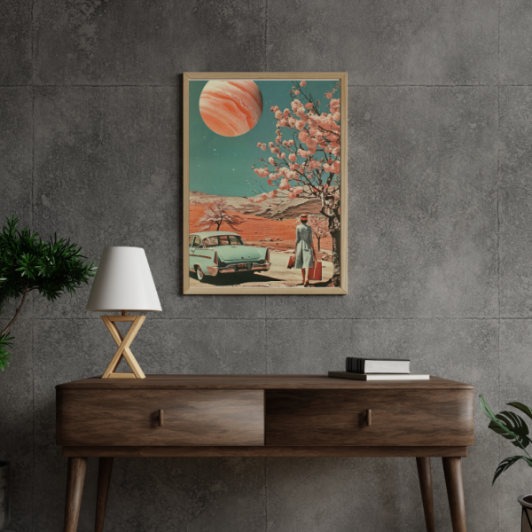 Tableau Chic avec Femme, Voiture Classique et Planète Rose – Image 3