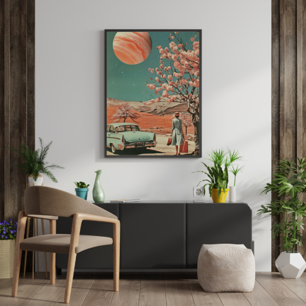 Tableau Chic avec Femme, Voiture Classique et Planète Rose – Image 5
