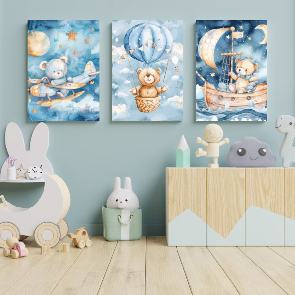 Set de 3 Tableaux Enfants : Ours en Aventure