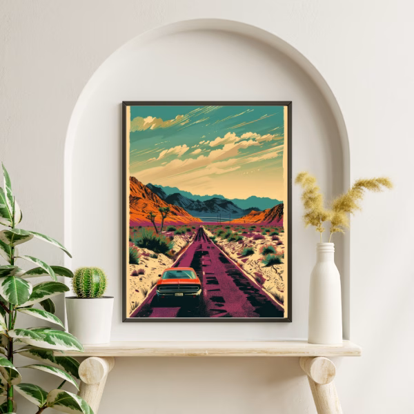 Tableau décoratif vintage – Route du Sahara et ciel nuageux
