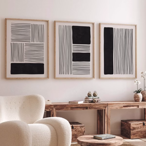 Lot de 3 Affiches Abstraites Noir et Blanc Style Japandi