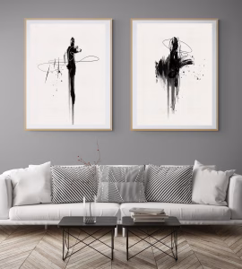 Ensemble de 2 tableaux abstraits noir et blanc