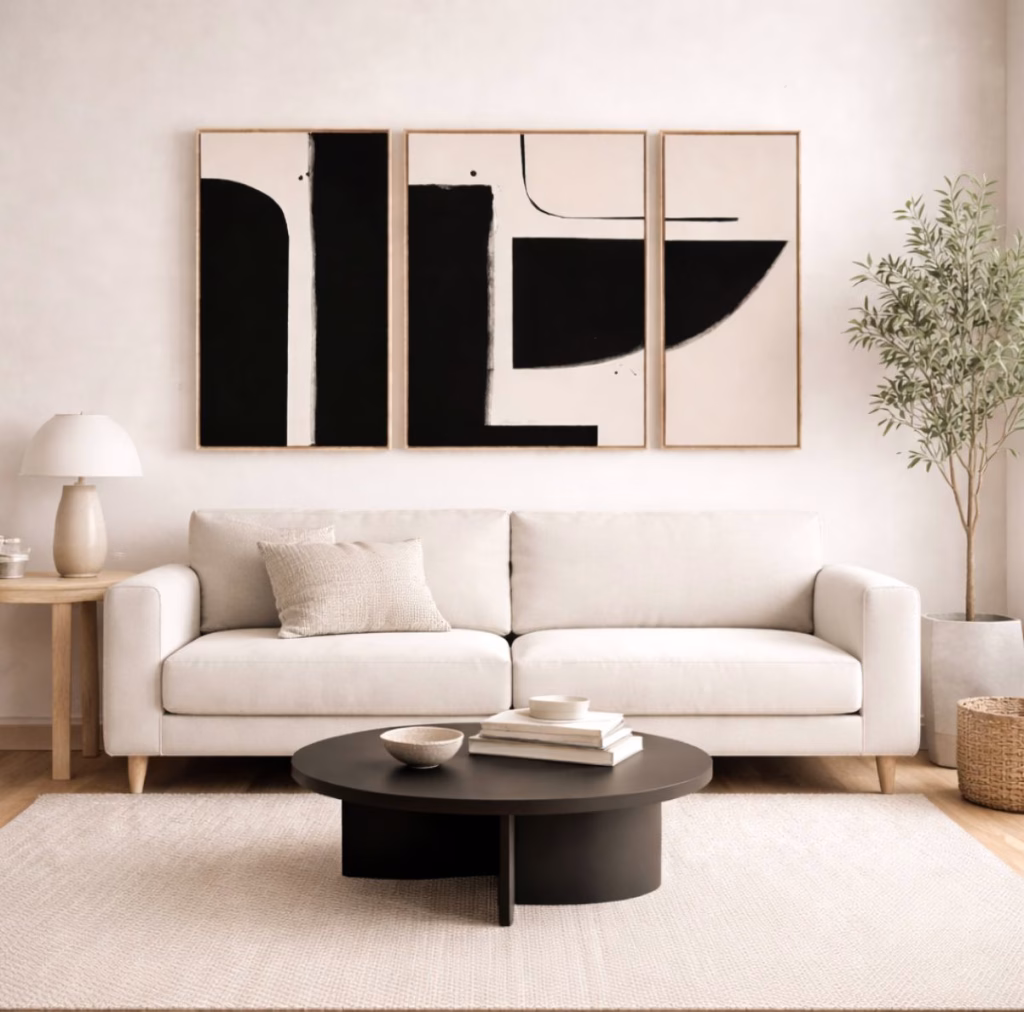 Ensemble 3 tableaux abstraits noir et blanc