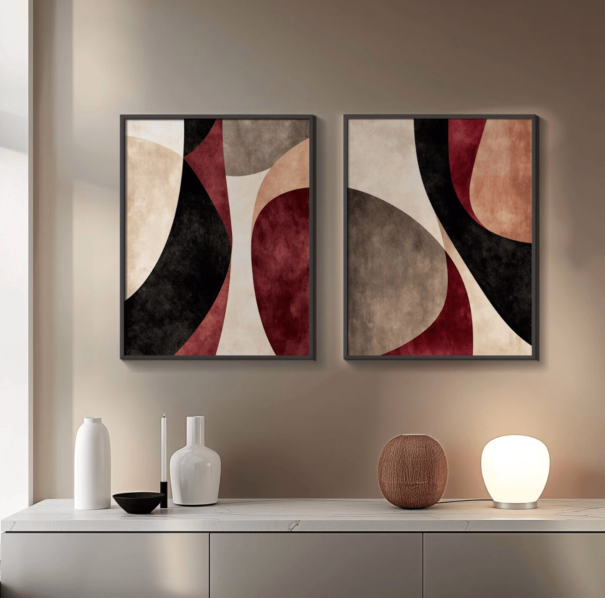 Duo de tableaux abstraits minimalistes bordeaux, noir et beige – Image 2