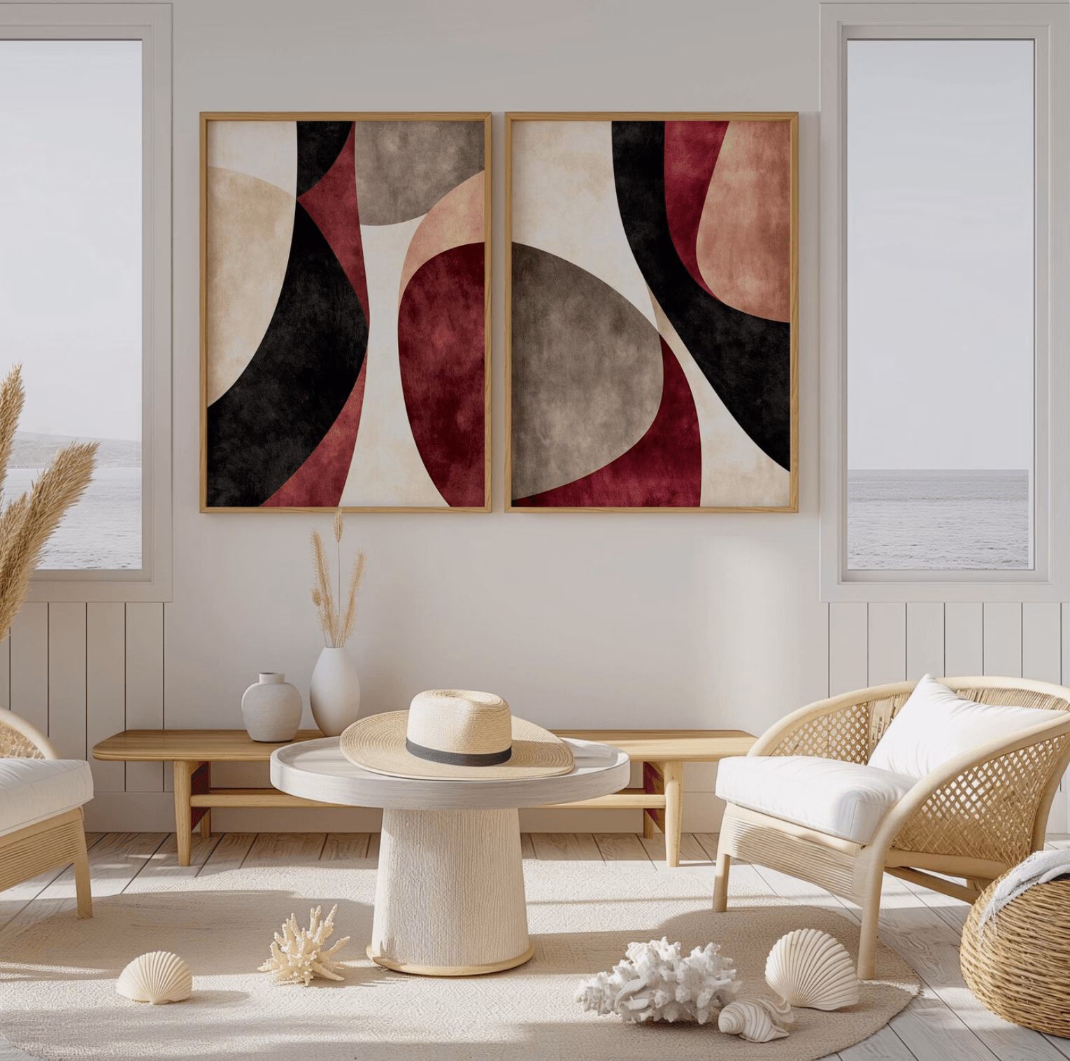 Duo de tableaux abstraits minimalistes bordeaux, noir et beige