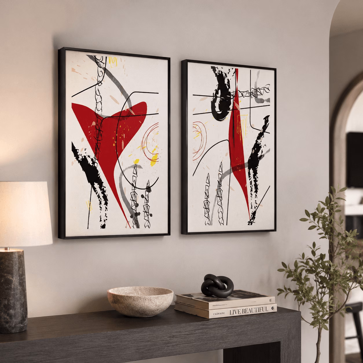 Duo de tableaux abstraits minimalistes noir et rouge