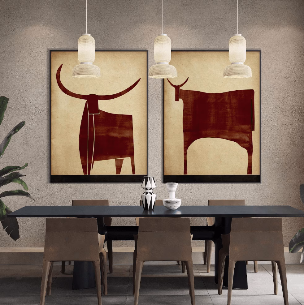 Duo de tableaux abstraits Taureaux terracotta