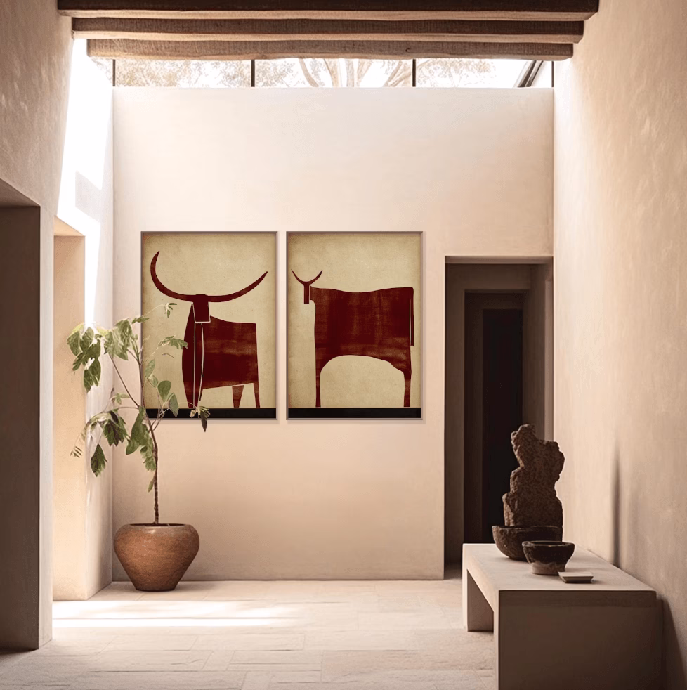Duo de tableaux abstraits Taureaux terracotta – Image 3