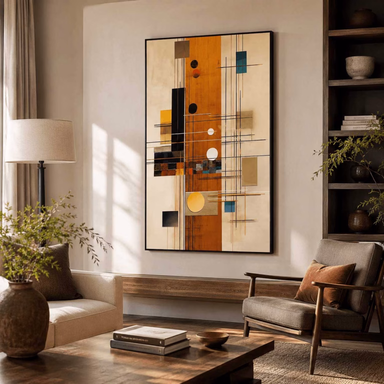 Tableau abstrait géométrique moderne orange beige avec encadrement américain noir au Maroc