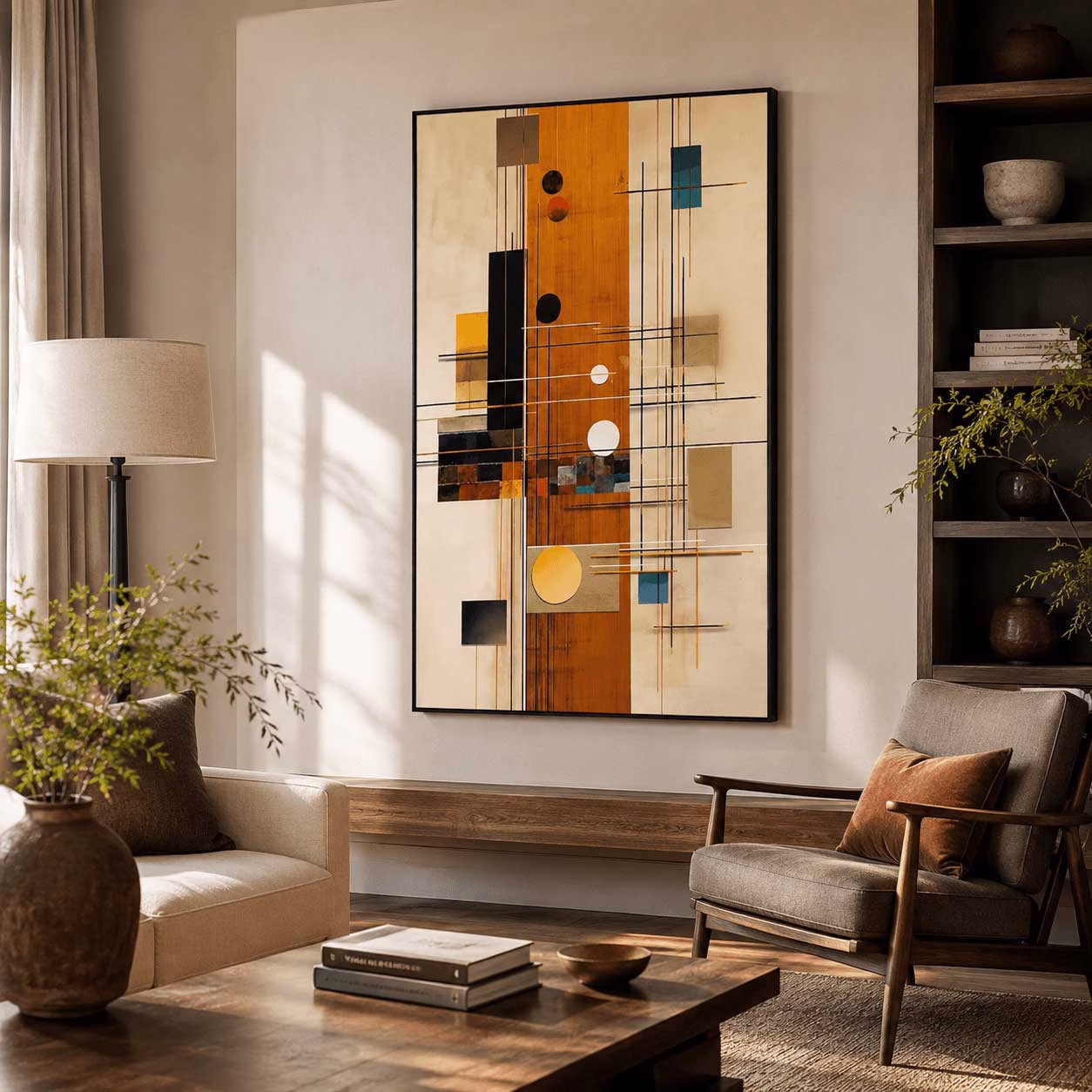 Tableau abstrait géométrique moderne orange beige avec encadrement américain noir au Maroc